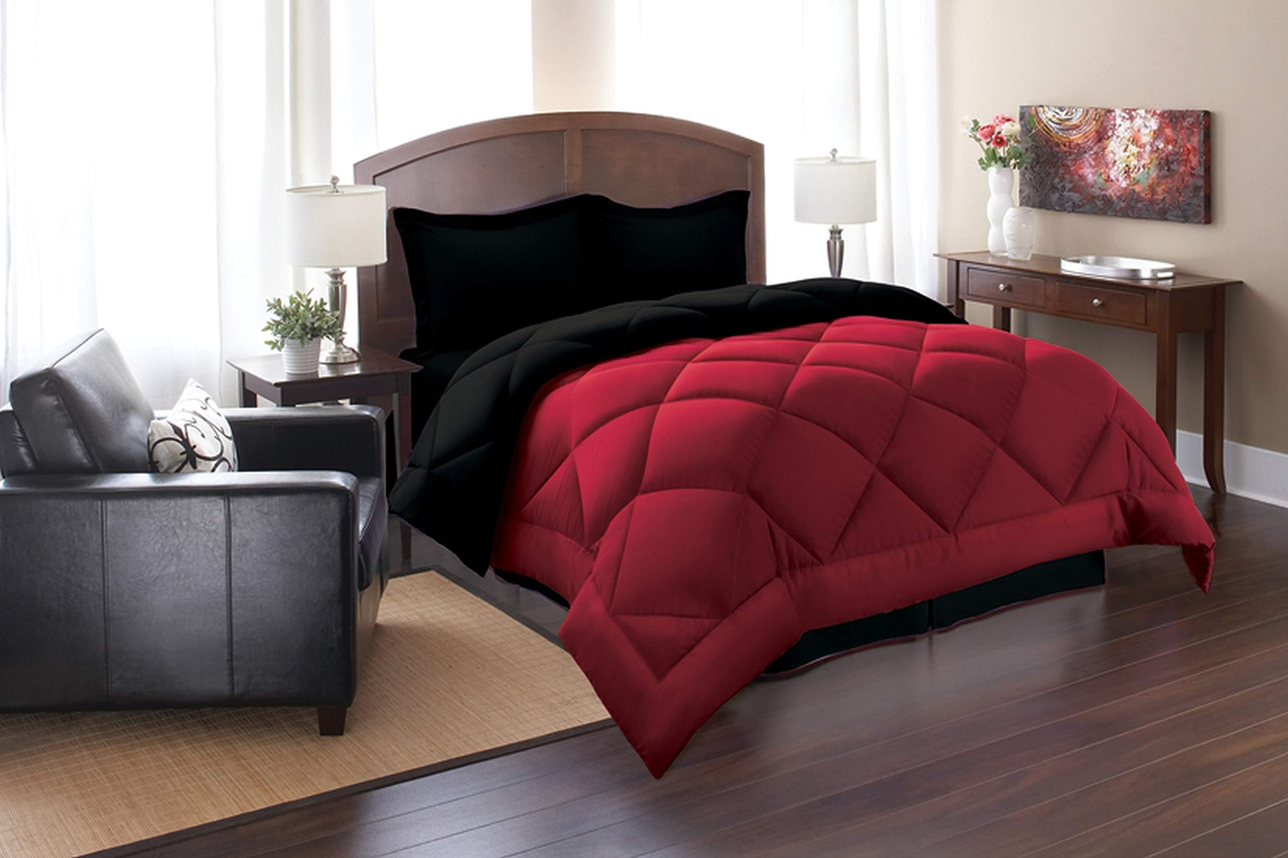 Silky Soft - Goose Down Alternative Reversible 3Pc Comforter Set- Available In A Few Sizes And Colors, King, Black/Burgundy